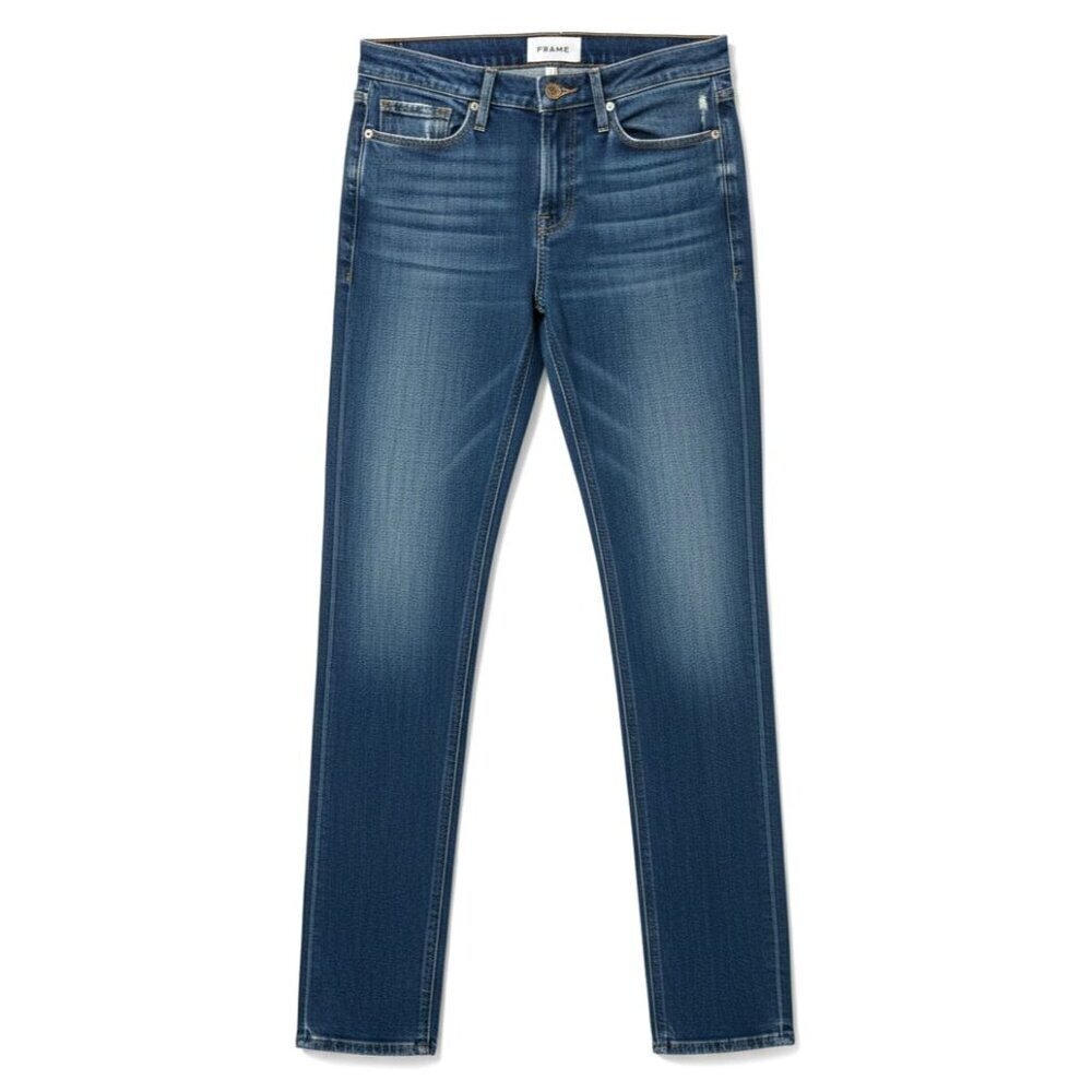 Frame NWT Le Nik Jeans in Moma Straight Leg Med Wash Stretch Distressed Size 26